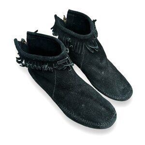 MINNETONKA Midnight Black Suede Booties Boots Fringe Tassel Moccasins Shoes 9.5